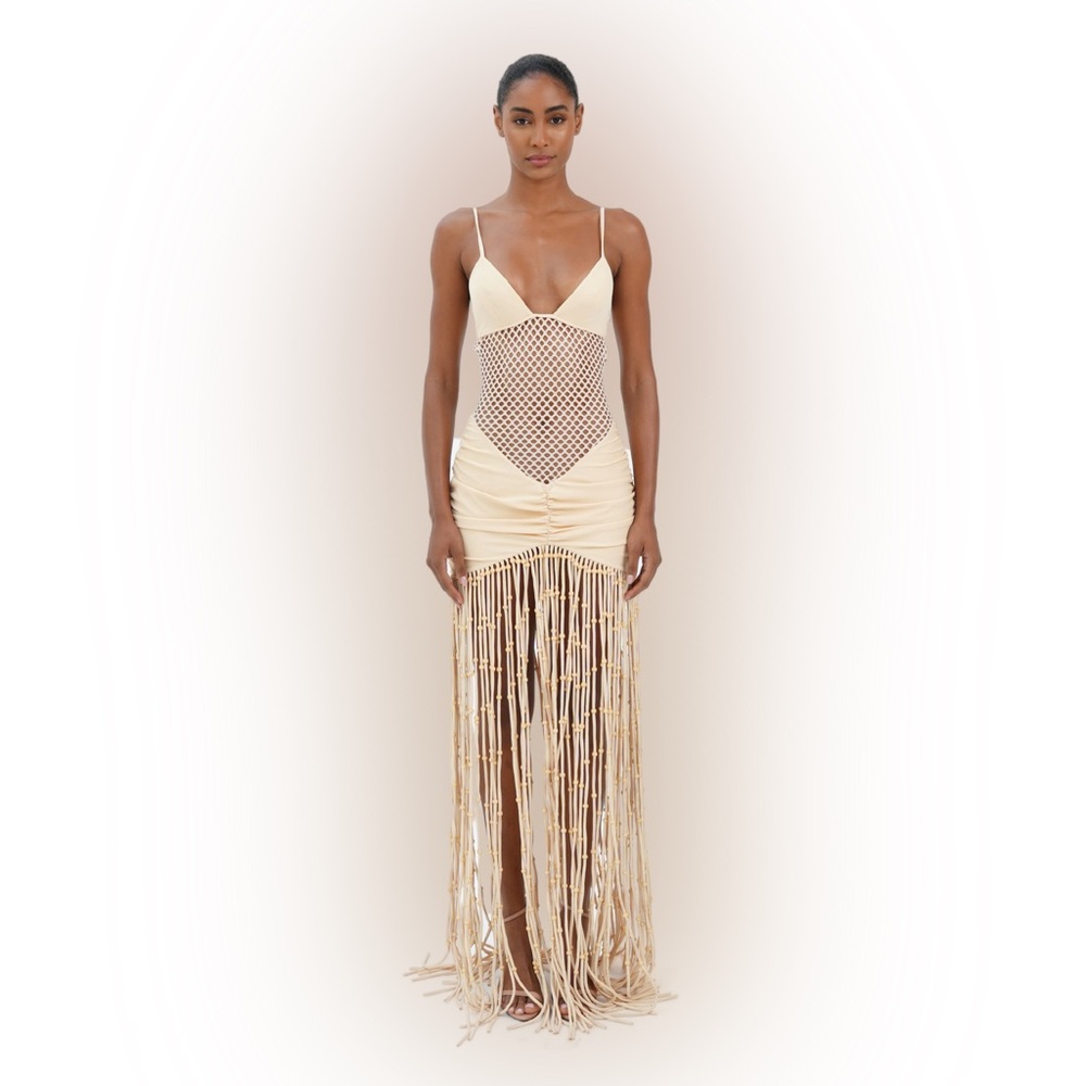 Cream Maxi Dress with Fringe Detail